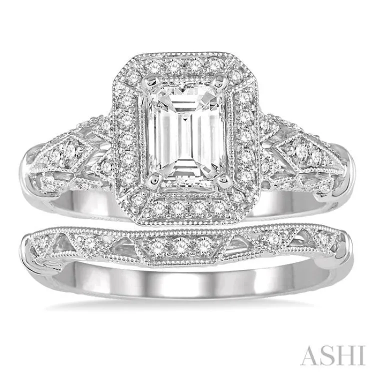 1 Ctw Diamond Wedding Set with 1 Ctw Octagon Cut Engagement Ring and 1/20 Ctw Wedding Band in 14K White Gold