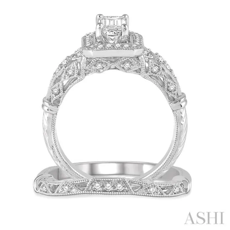 1 Ctw Diamond Wedding Set with 1 Ctw Octagon Cut Engagement Ring and 1/20 Ctw Wedding Band in 14K White Gold