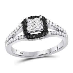 10kt White Gold Womens Round Black Color Enhanced Diamond Cluster Ring 1/2 Cttw