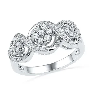 10kt White Gold Womens Round Diamond Triple Flower Cluster Ring 1/3 Cttw