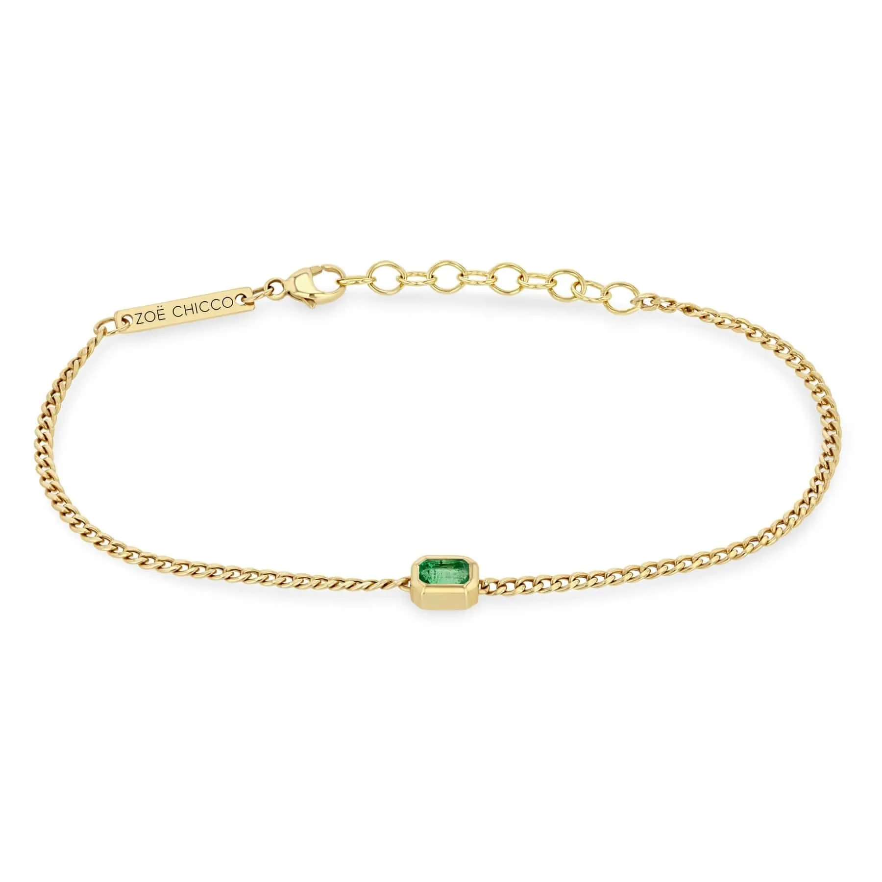 14k Extra Small Curb Chain Emerald Cut Emerald Bezel Bracelet