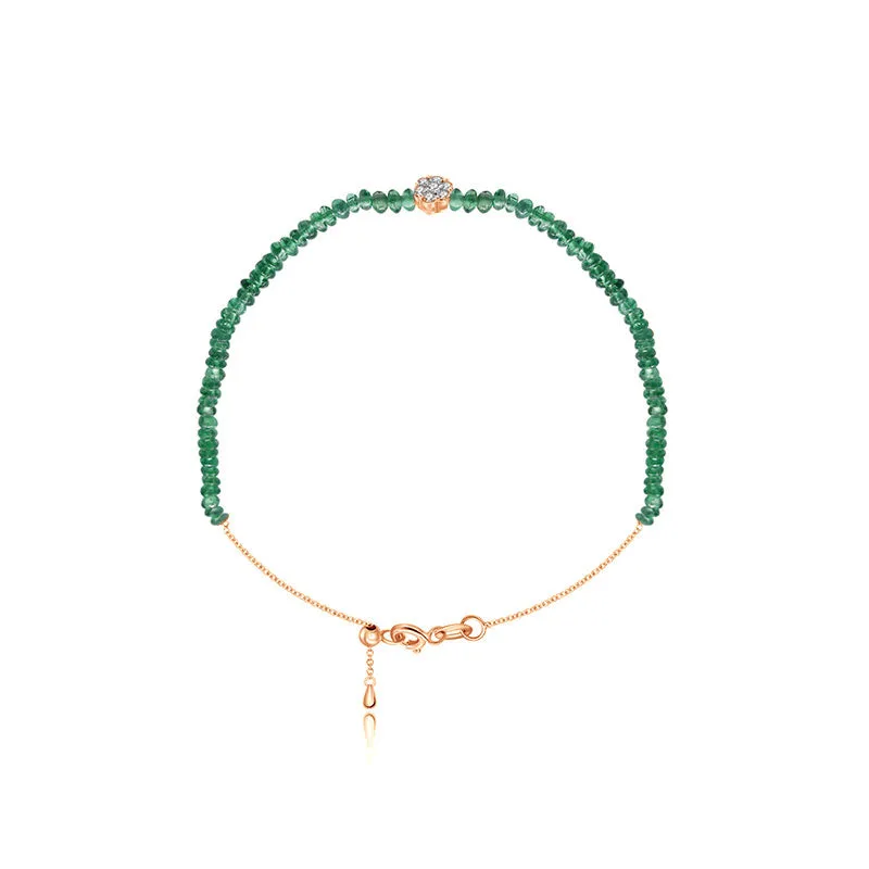 18k Gold Emerald Beaded with Flower Shape Diamond Bracelet