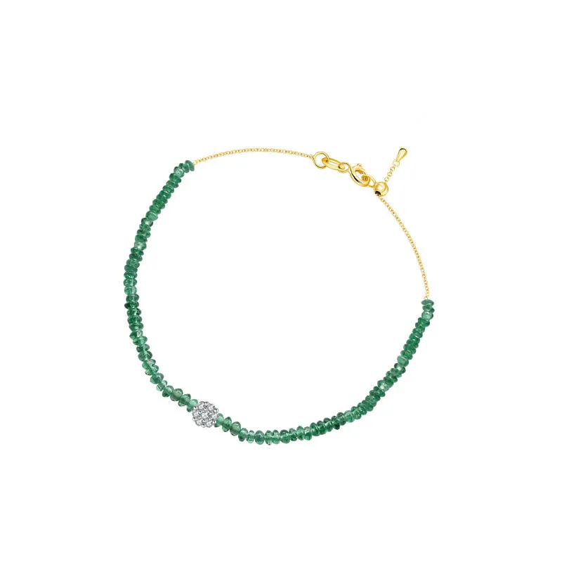 18k Gold Emerald Beaded with Flower Shape Diamond Bracelet