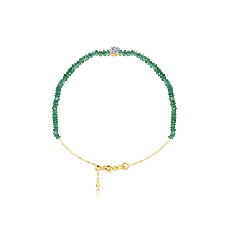 18k Gold Emerald Beaded with Flower Shape Diamond Bracelet