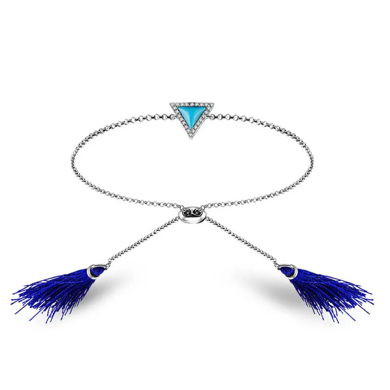 18k Gold Tetrahedron Shape Turquoise Diamond Bracelet with Blue Tassel