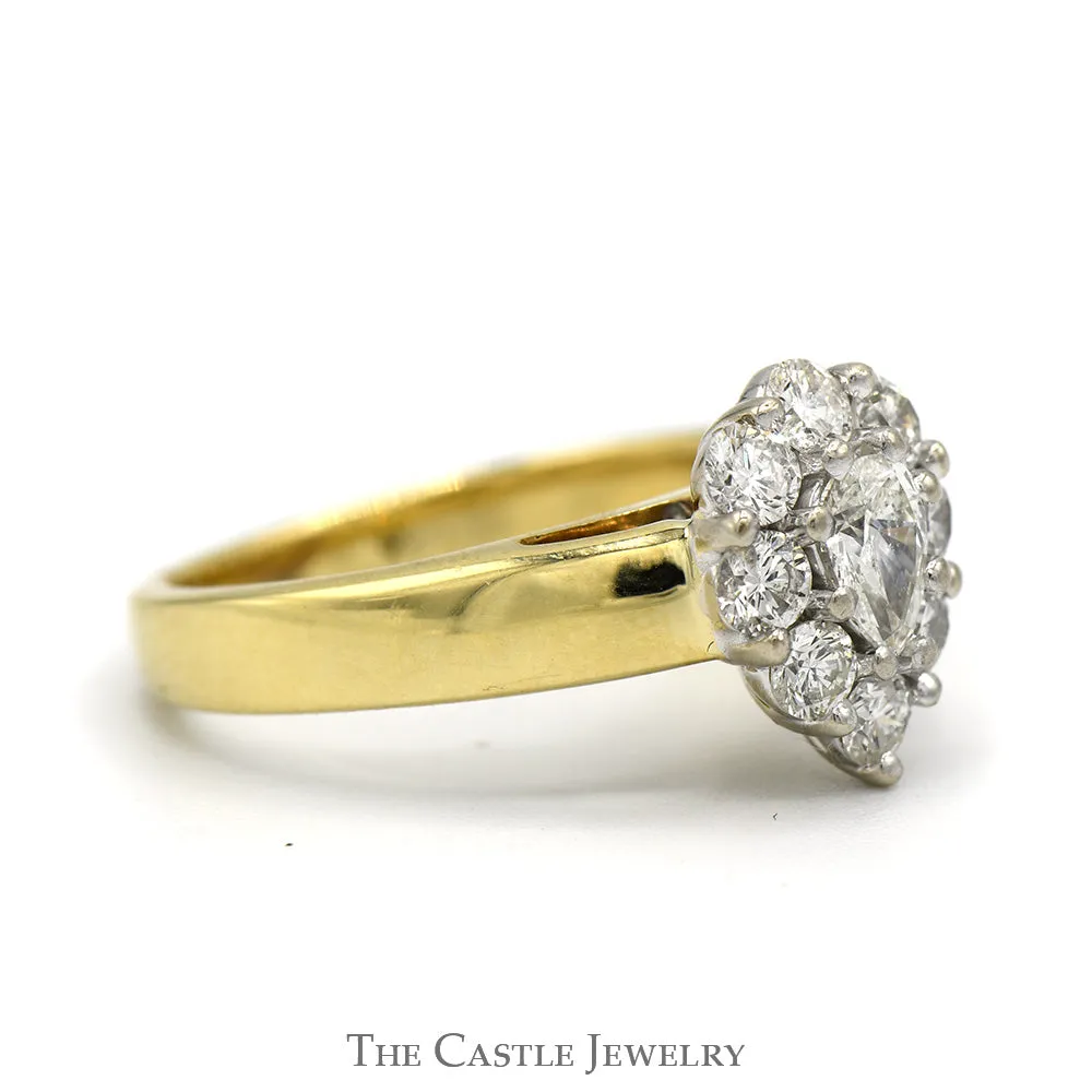 1cttw Pear Cut Diamond Ring with Diamond Halo in 14k Yellow Gold Cathedral Mounting