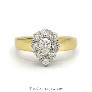 1cttw Pear Cut Diamond Ring with Diamond Halo in 14k Yellow Gold Cathedral Mounting