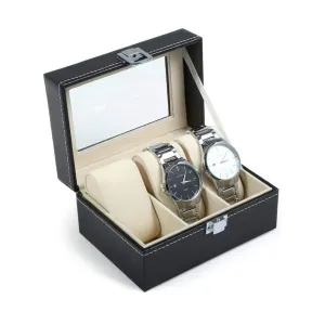 3 Slot Watch Display Box With Clear Window, PU Leather Black