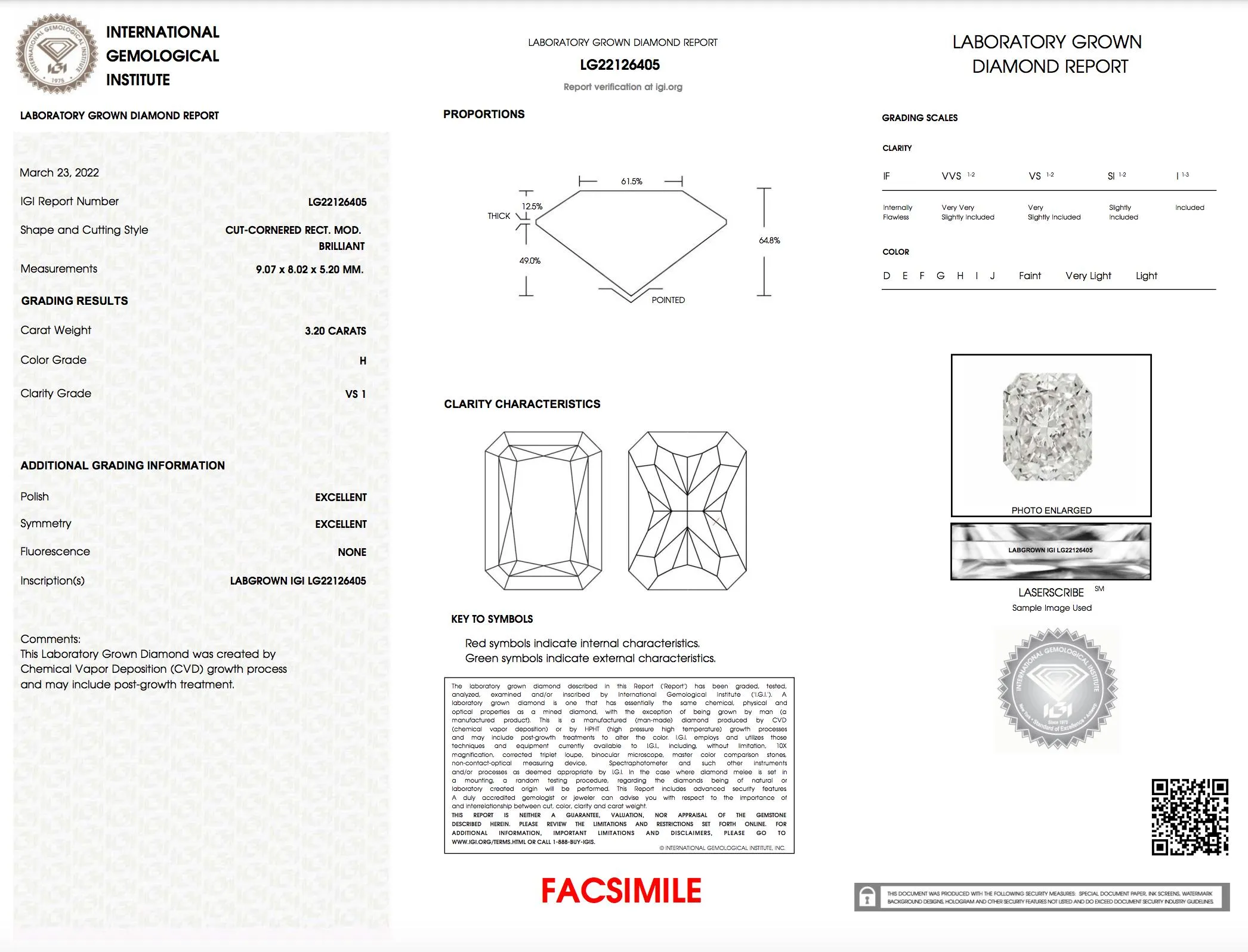 3.20 Carat, Radiant Cut, H Color, VS1 Clarity, Lab Grown Loose Diamond CVD | IGI Certified