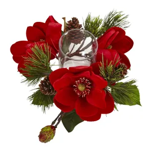 7" x 17.5" Artificial Red Magnolia & Pine Candelabrum - Low Maintenance, Life-Like & Vibrant Silk Flowers For Busy People.