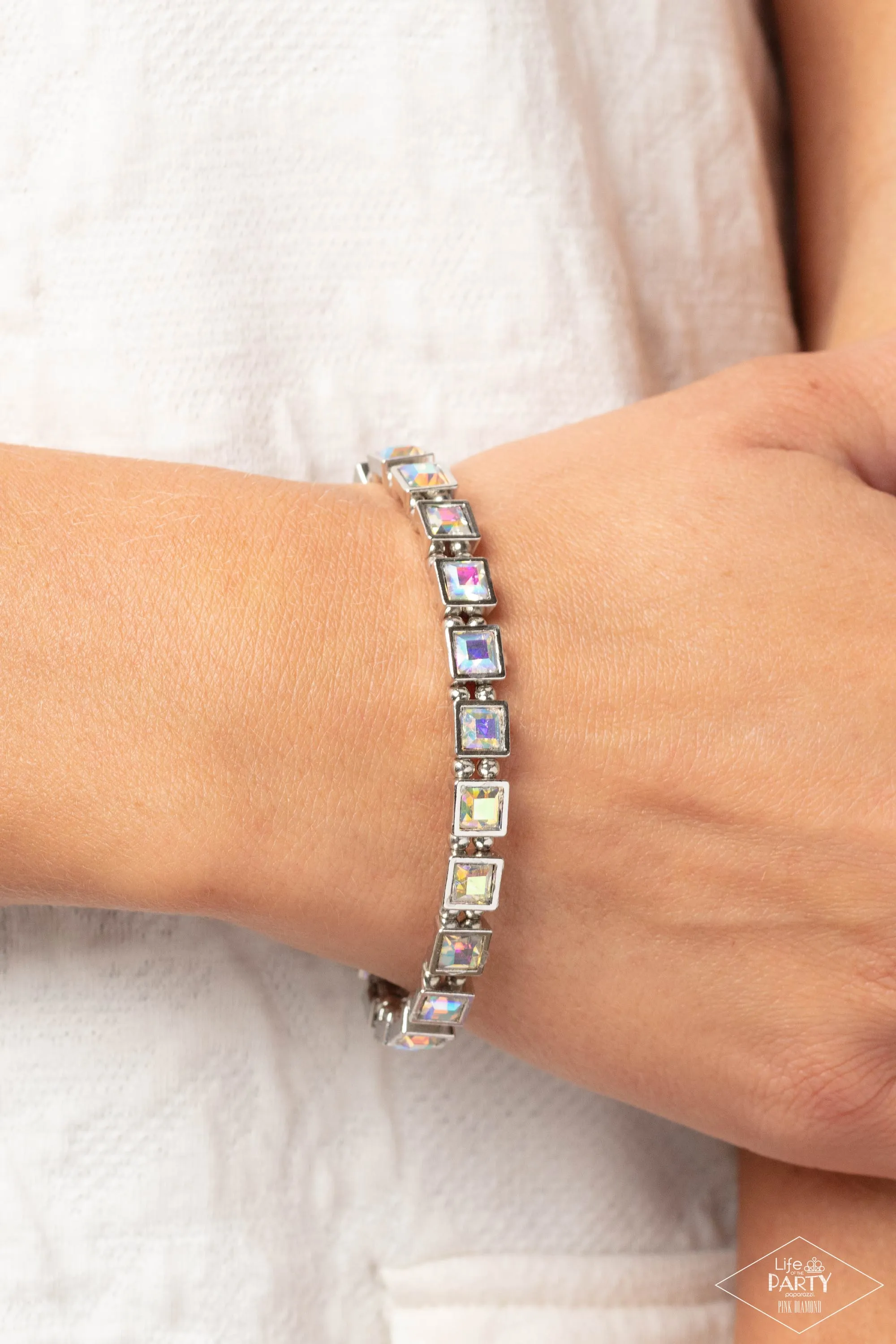 A GLAM Of Few Words - Multi - Iridescent Square Gem Paparazzi Stretchy Bracelet - Pink Diamond Exclusive