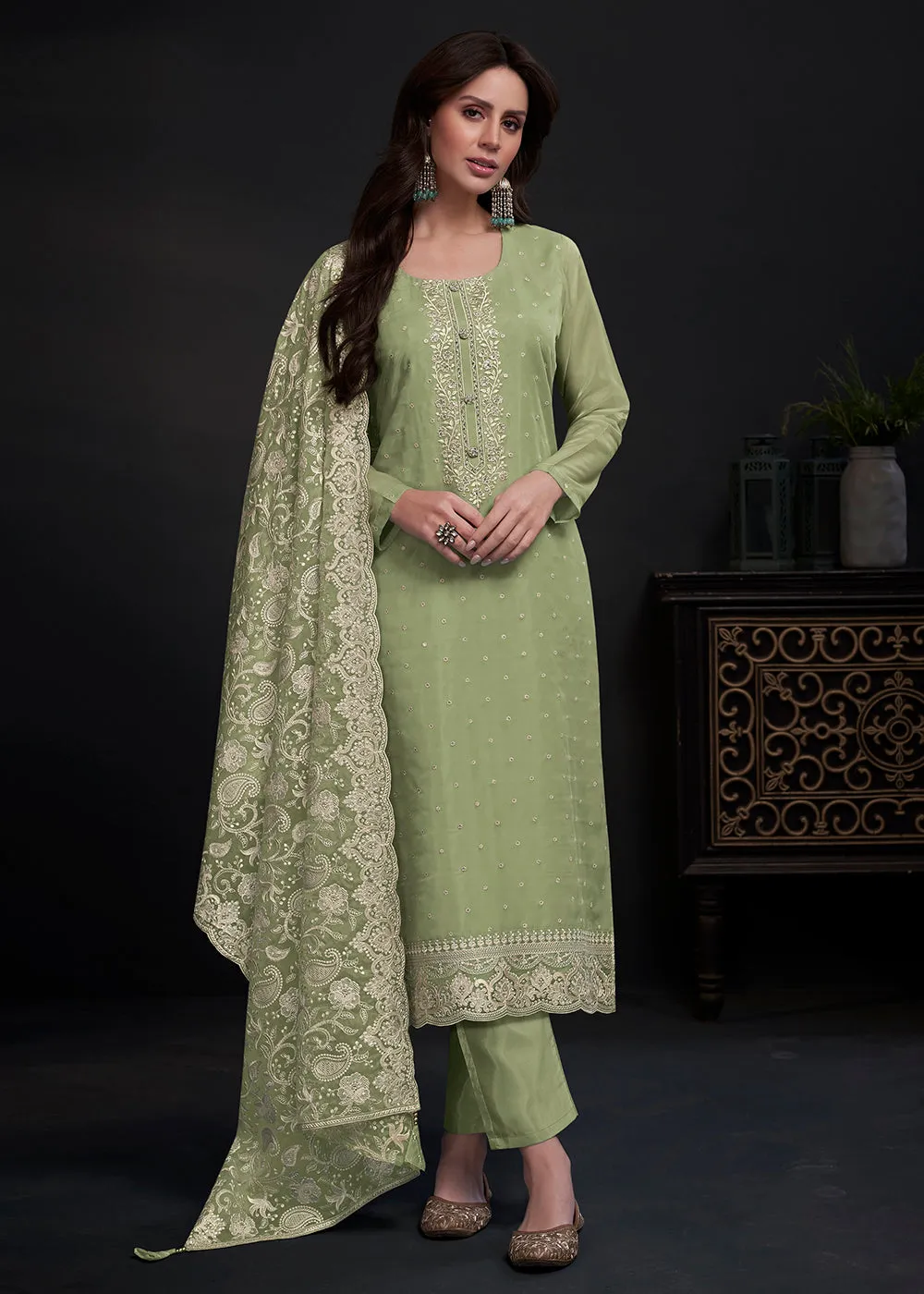 Adorning Green Embroidered Organza Festive Pant Style Suit