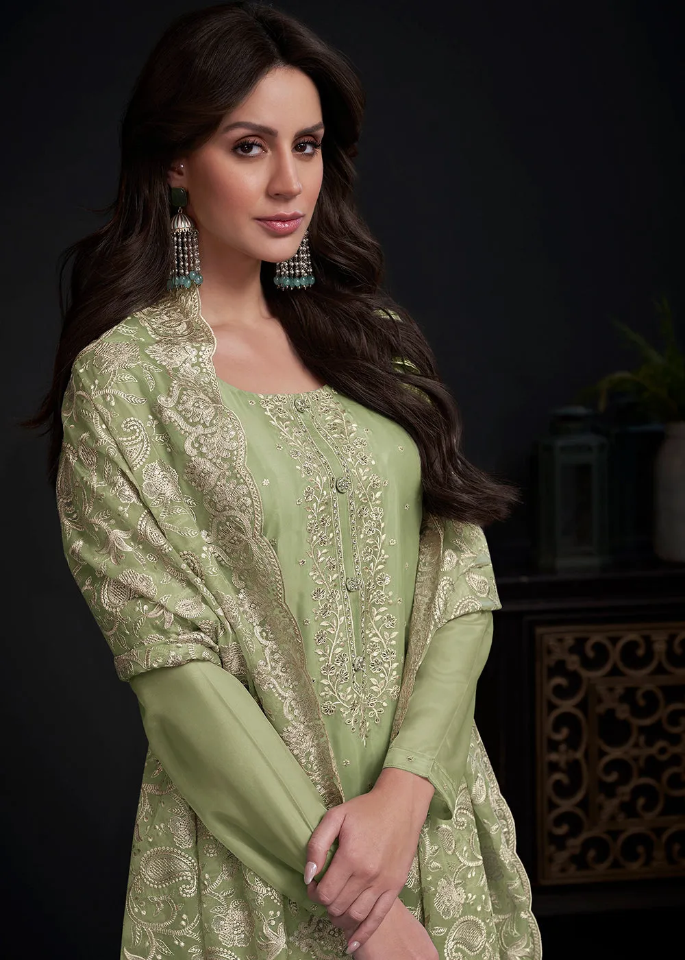 Adorning Green Embroidered Organza Festive Pant Style Suit