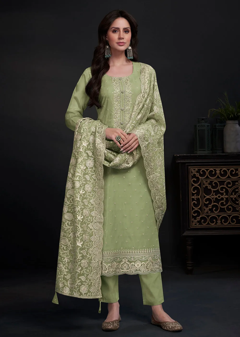 Adorning Green Embroidered Organza Festive Pant Style Suit