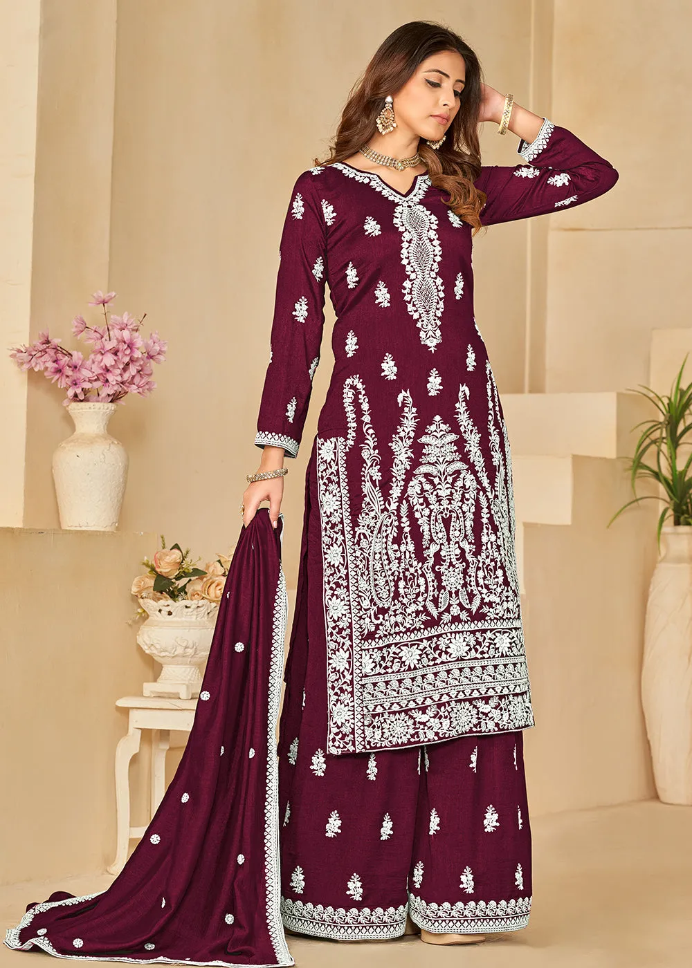 Art Silk Pretty Wine Embroidered Palazzo Style Suit