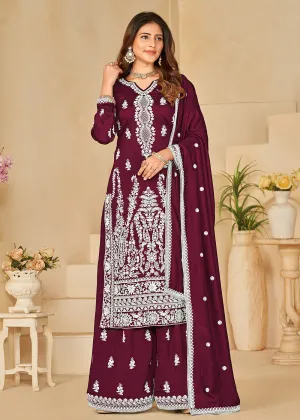 Art Silk Pretty Wine Embroidered Palazzo Style Suit