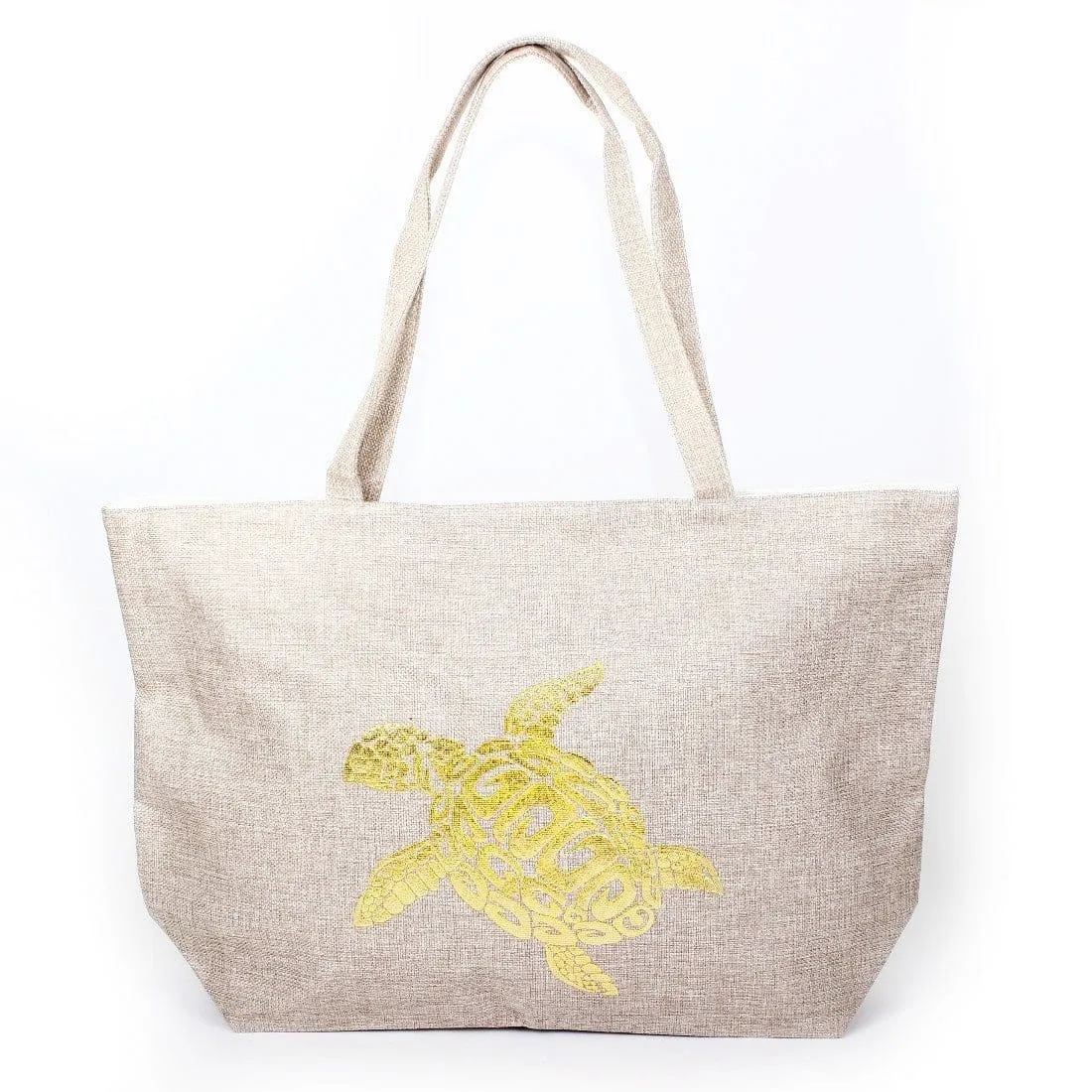 B769 Gold Foil Turtle Printed Large Beach Tote Bag