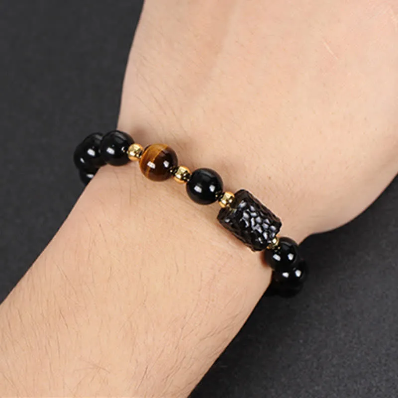 Black Obsidian Ebony Wood Red Tiger Eye Strength Couple Bracelet