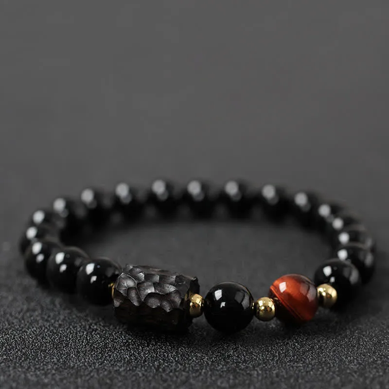 Black Obsidian Ebony Wood Red Tiger Eye Strength Couple Bracelet