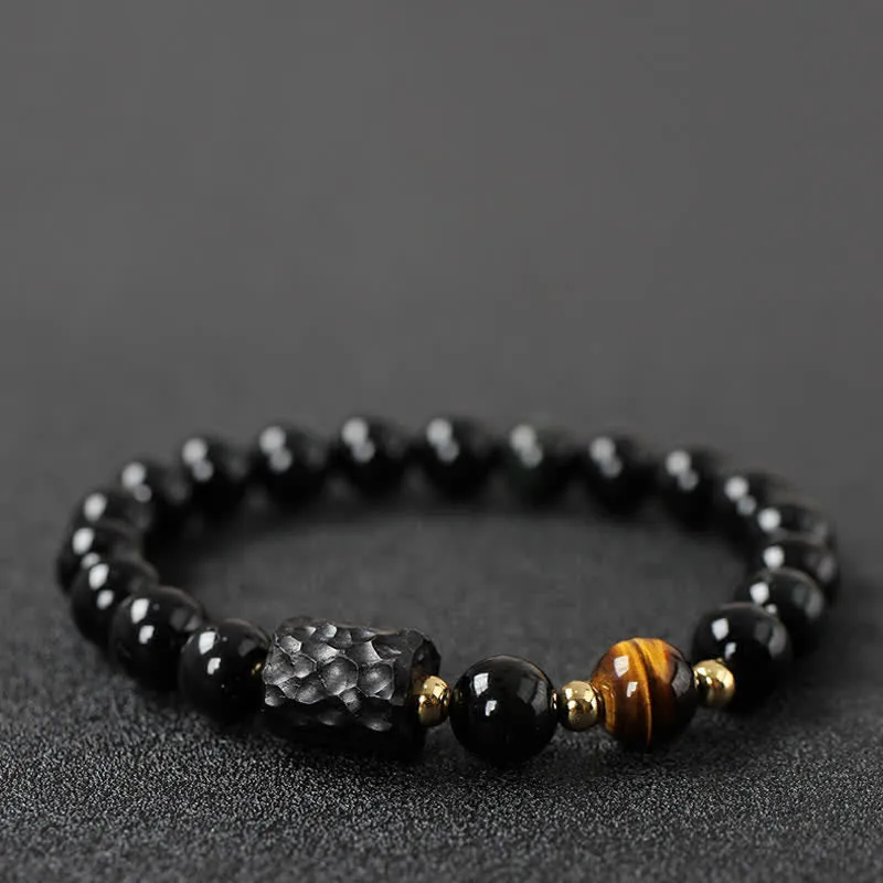 Black Obsidian Ebony Wood Red Tiger Eye Strength Couple Bracelet