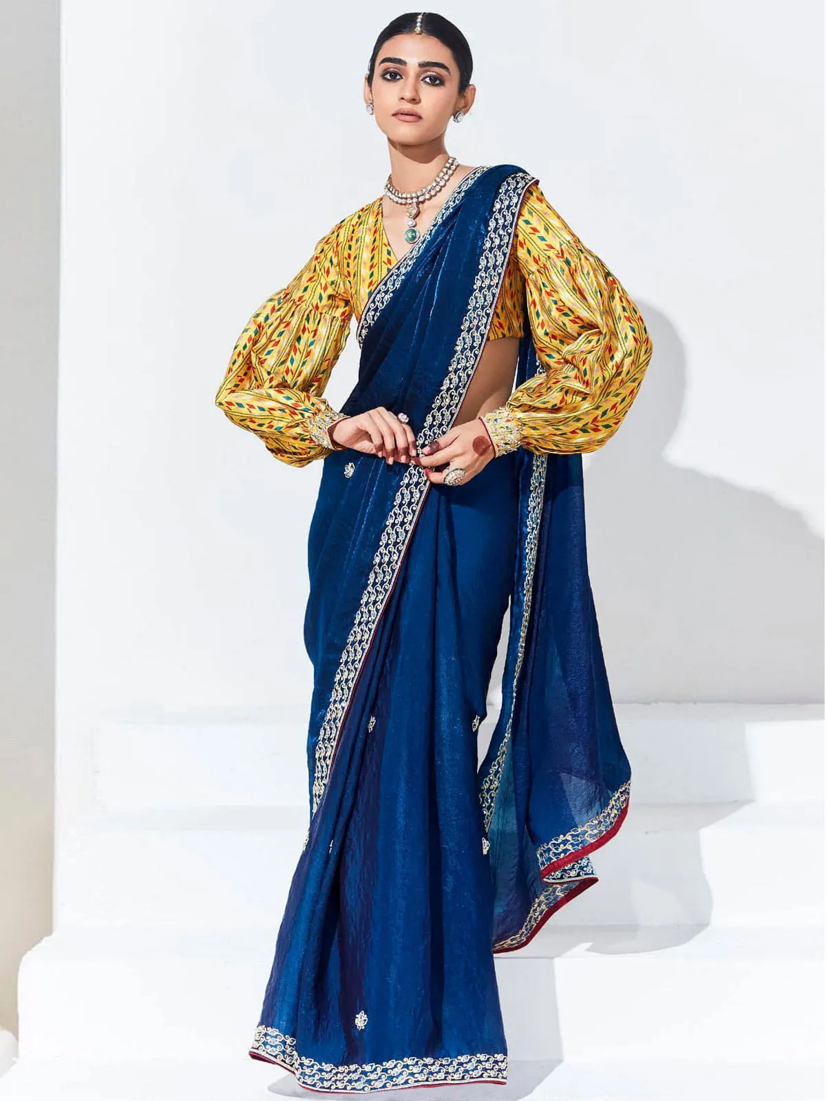 Blue and Yellow Organza Tissue Silk Saree With Blouse