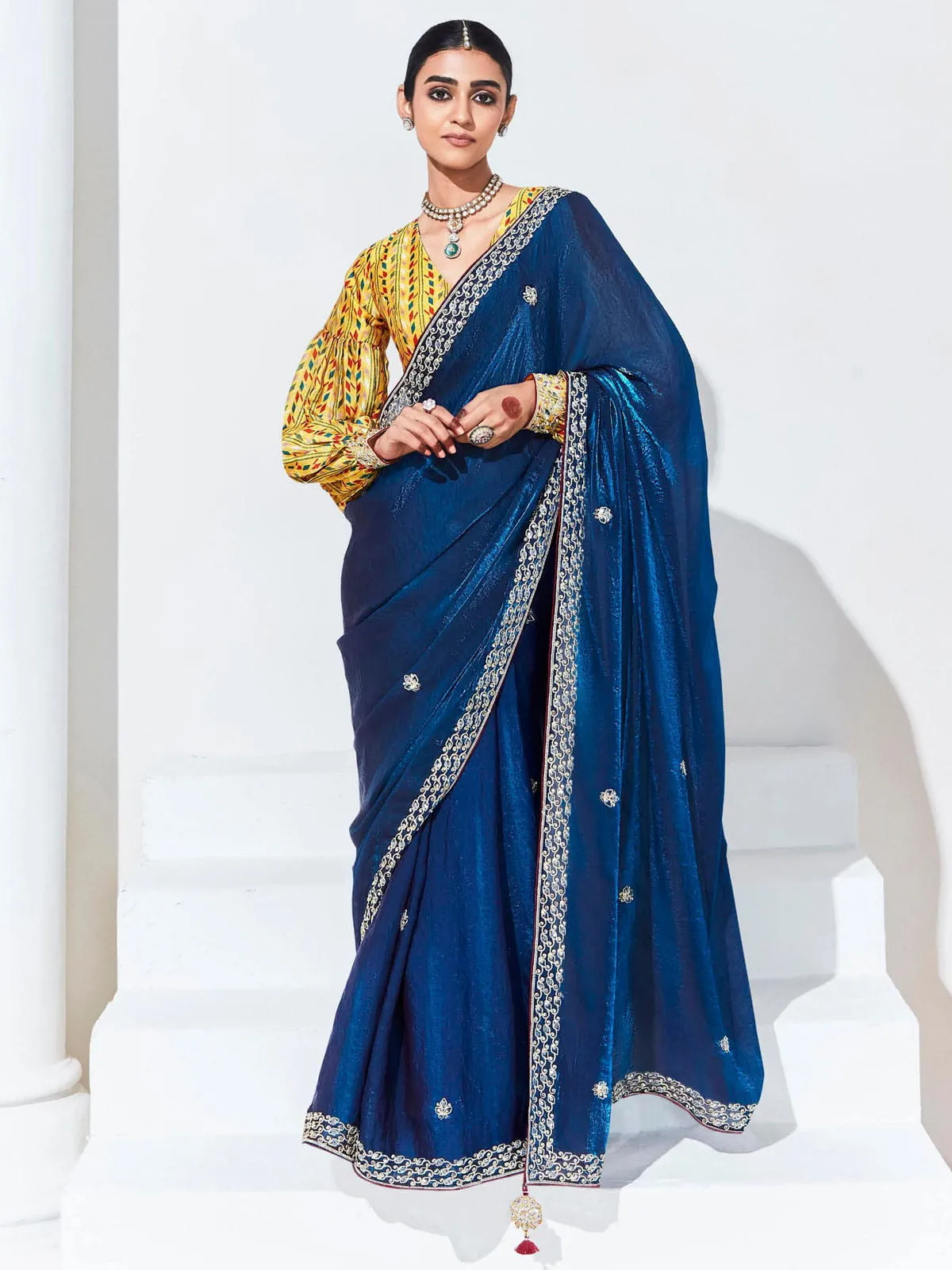 Blue and Yellow Organza Tissue Silk Saree With Blouse