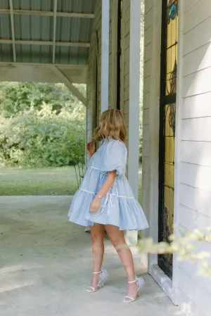 Blue Bow Detail Tiered Poplin Dress