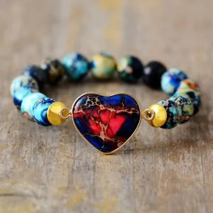 Blue Imperial Jasper Heart Charm Stretchy Bracelet