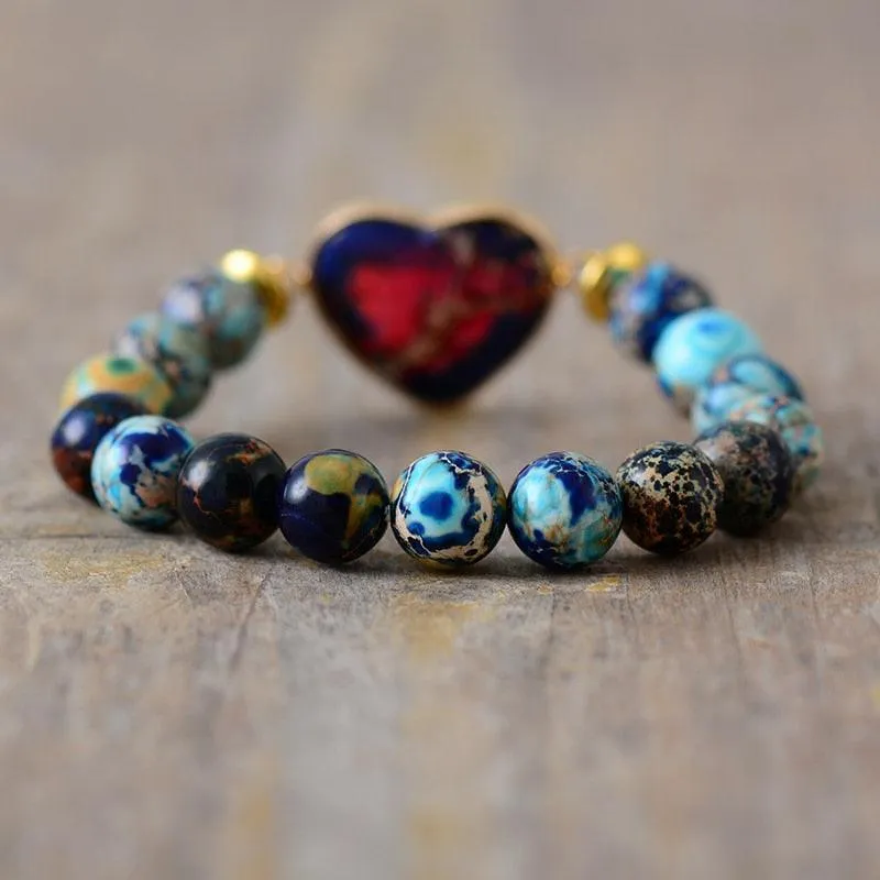 Blue Imperial Jasper Heart Charm Stretchy Bracelet