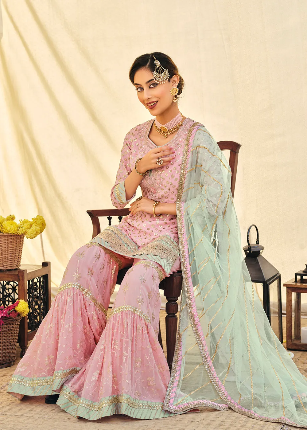 Blush Pink Zari & Mirror Embroidered Festive Sharara Suit