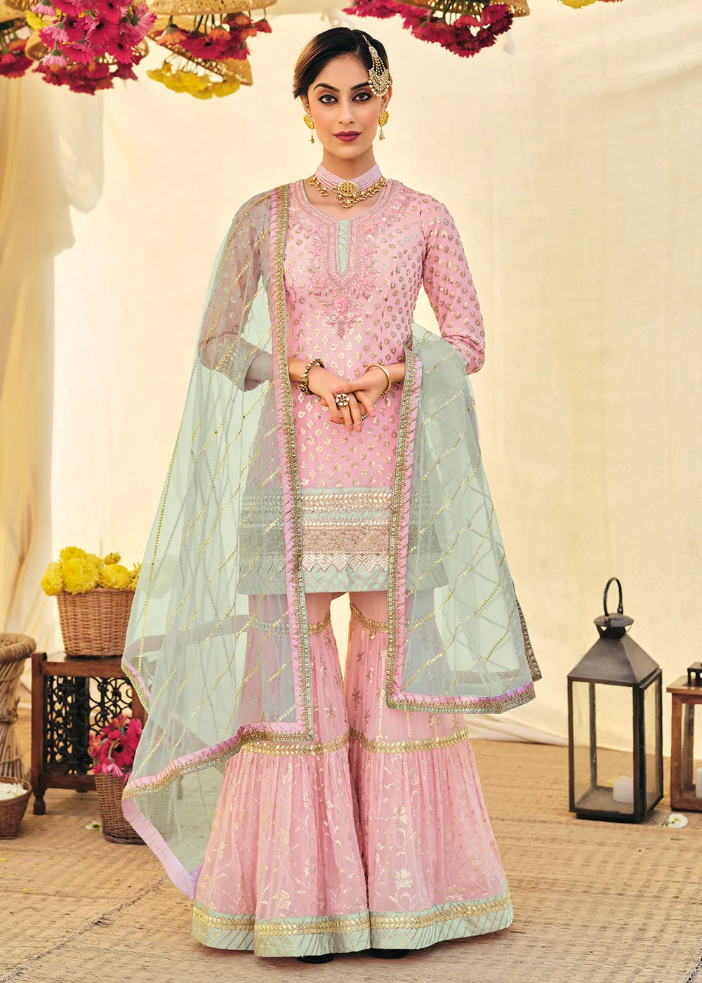 Blush Pink Zari & Mirror Embroidered Festive Sharara Suit