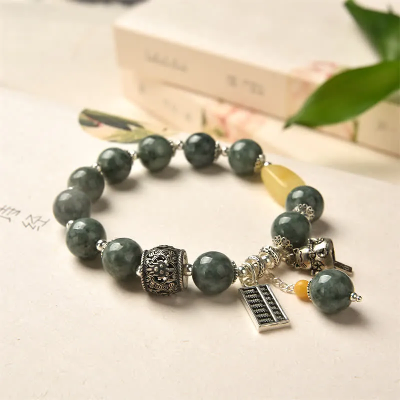 Buddha Stones 925 Sterling Silver Cyan Jade Amber Abacus Lucky Cat Success Bracelet