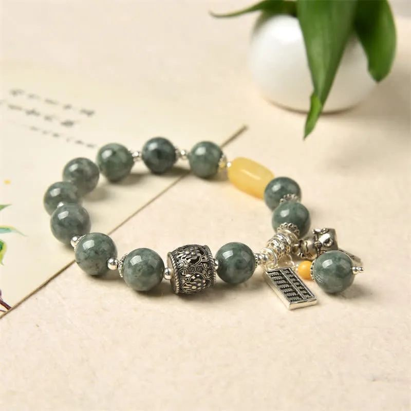 Buddha Stones 925 Sterling Silver Cyan Jade Amber Abacus Lucky Cat Success Bracelet