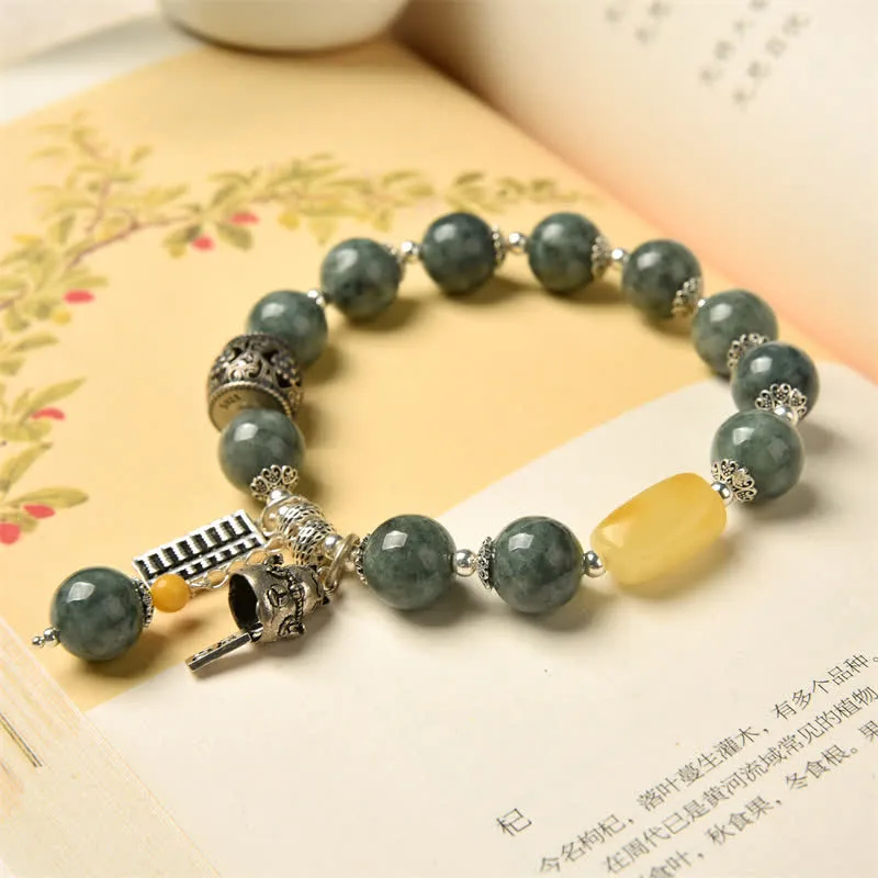 Buddha Stones 925 Sterling Silver Cyan Jade Amber Abacus Lucky Cat Success Bracelet