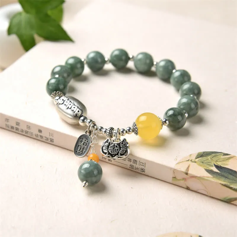 Buddha Stones 925 Sterling Silver Cyan Jade Amber Success Bracelet