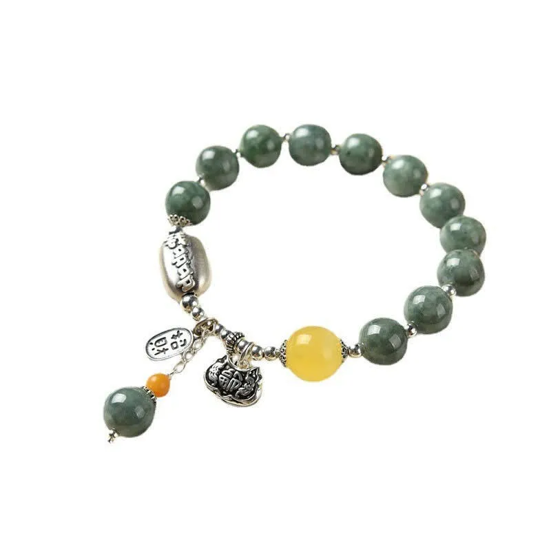 Buddha Stones 925 Sterling Silver Cyan Jade Amber Success Bracelet