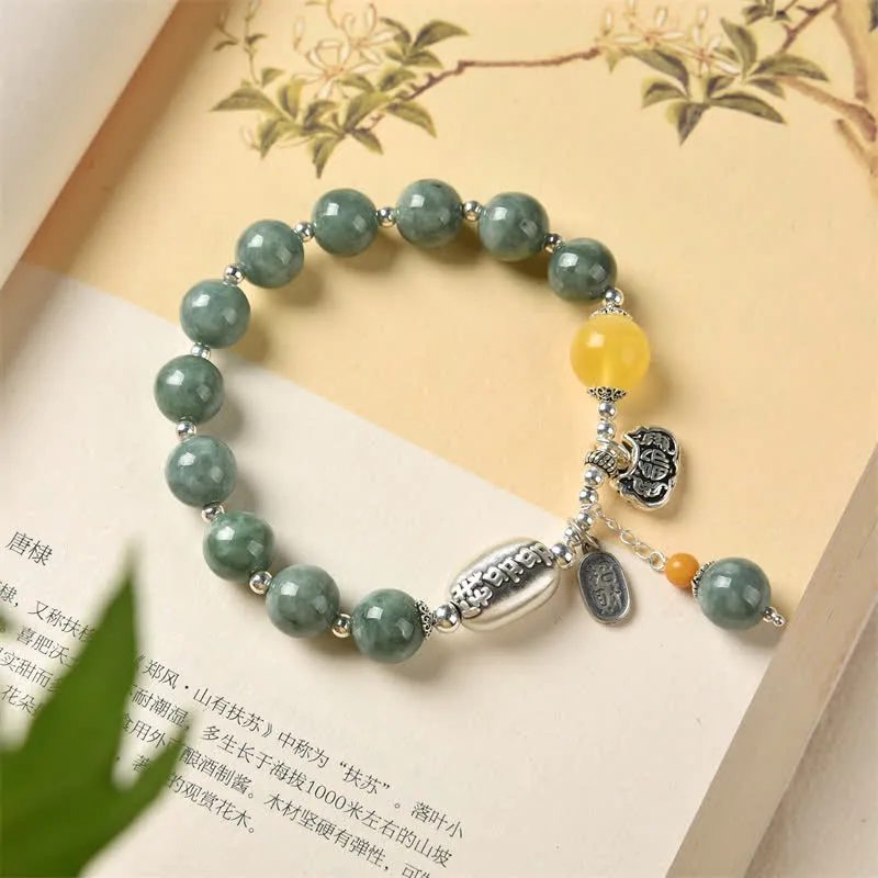 Buddha Stones 925 Sterling Silver Cyan Jade Amber Success Bracelet