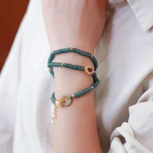 Buddha Stones 925 Sterling Silver Gold Plated Cyan Jade Flower Peace Buckle Success Triple Wrap Bracelet