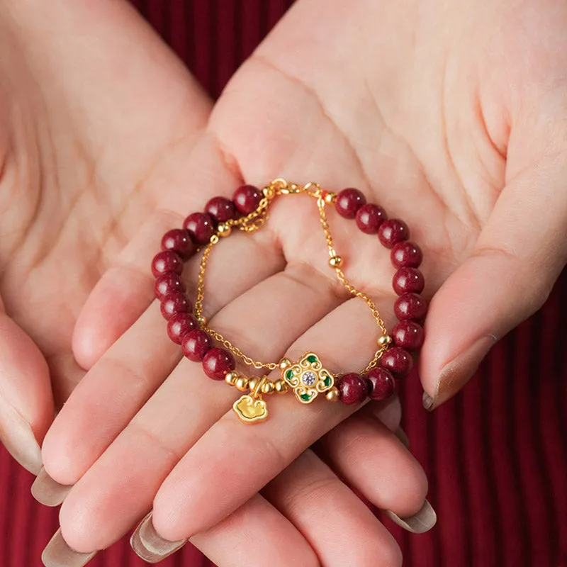 Buddha Stones 925 Sterling Silver Natural Cinnabar Four Leaf Clover Flower Blessing Chain Bracelet