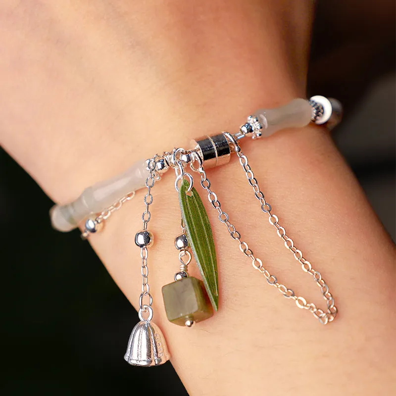 Buddha Stones 925 Sterling Silver Natural White Jade Bamboo Leaf Lantern Charm Happiness Bracelet