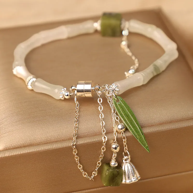 Buddha Stones 925 Sterling Silver Natural White Jade Bamboo Leaf Lantern Charm Happiness Bracelet