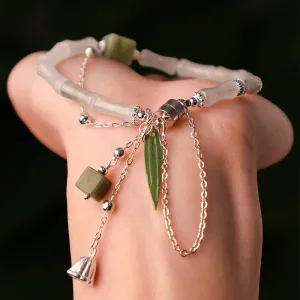 Buddha Stones 925 Sterling Silver Natural White Jade Bamboo Leaf Lantern Charm Happiness Bracelet