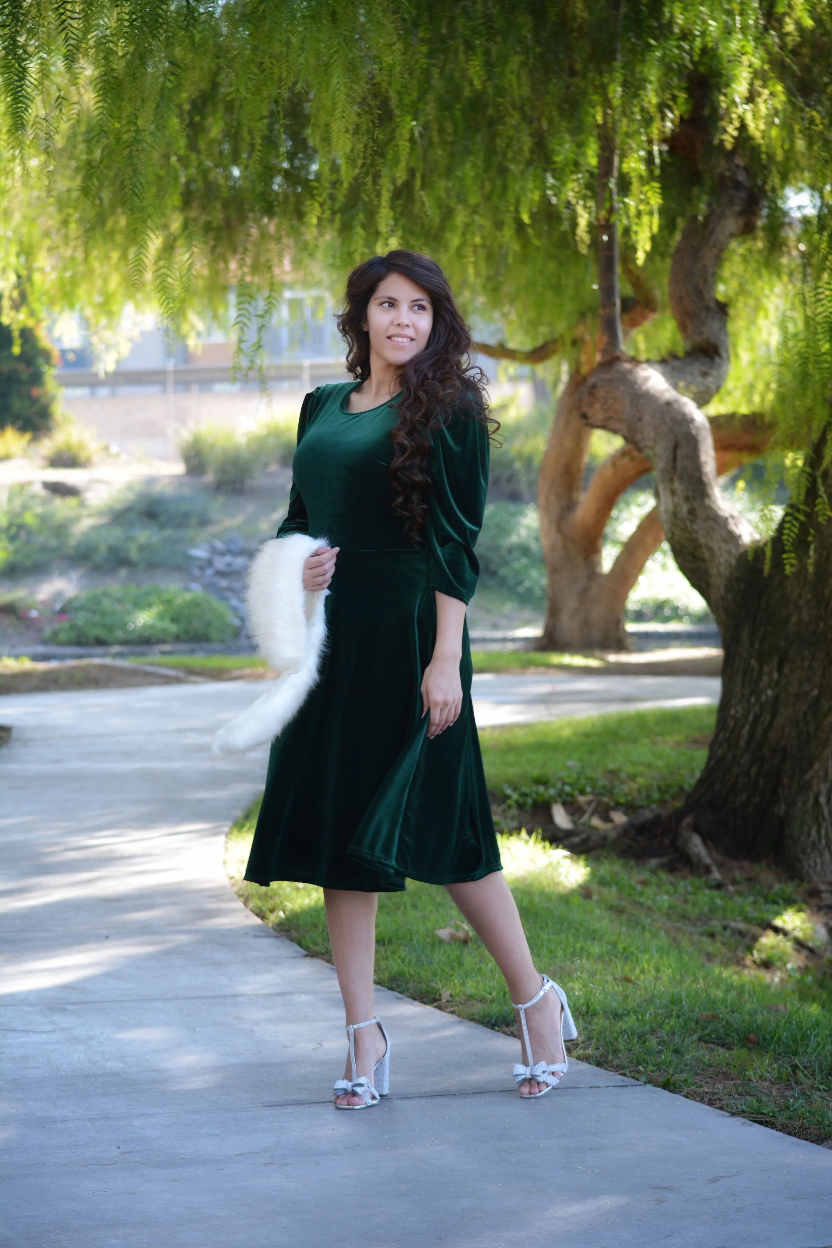 Capri Emerald Velvet Puff Sleeve Dress