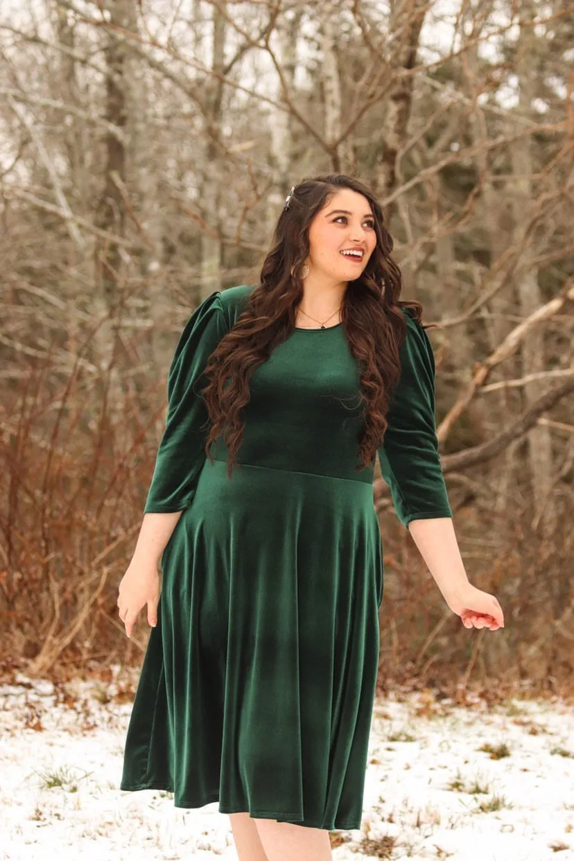 Capri Emerald Velvet Puff Sleeve Dress