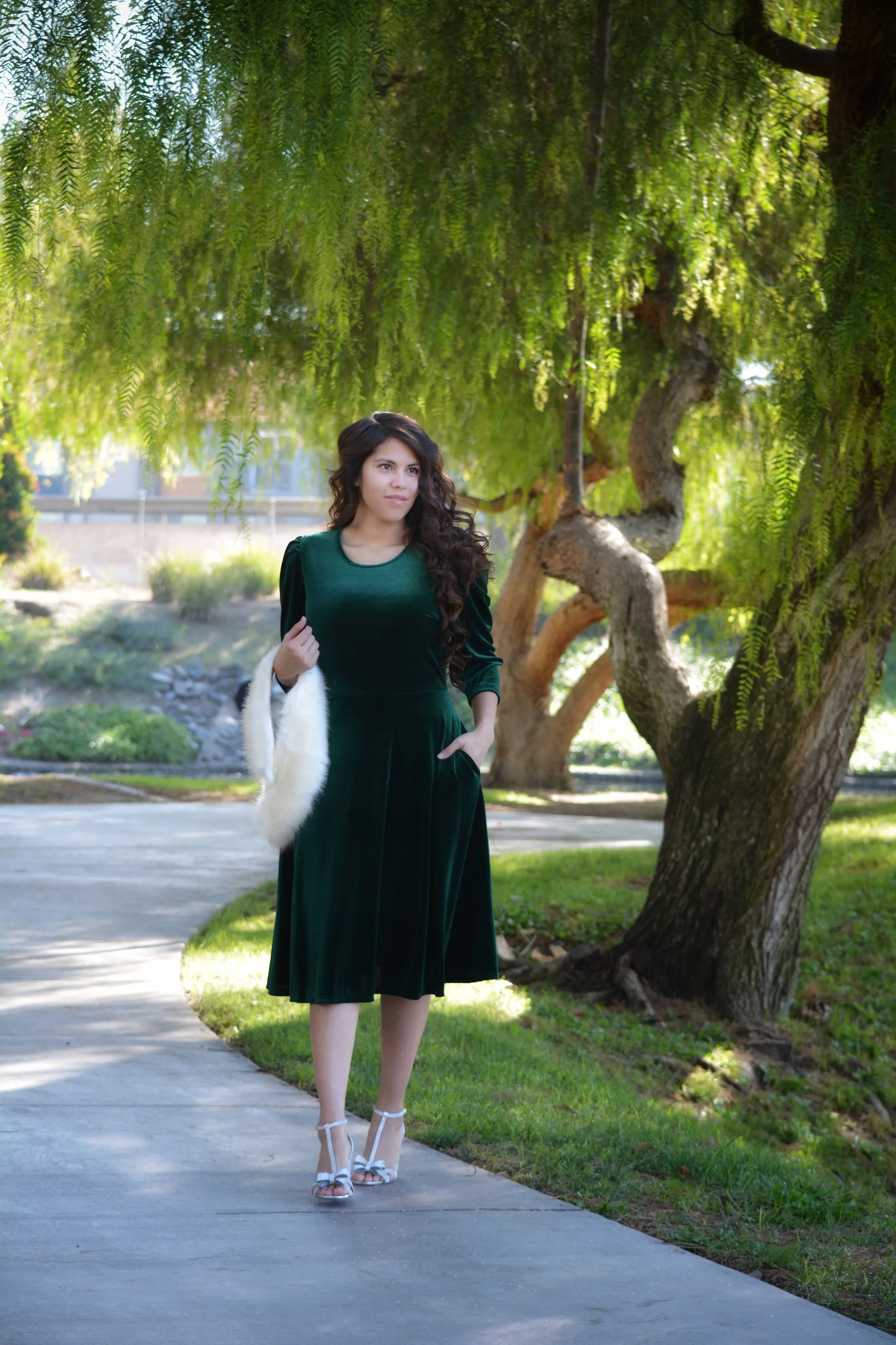 Capri Emerald Velvet Puff Sleeve Dress