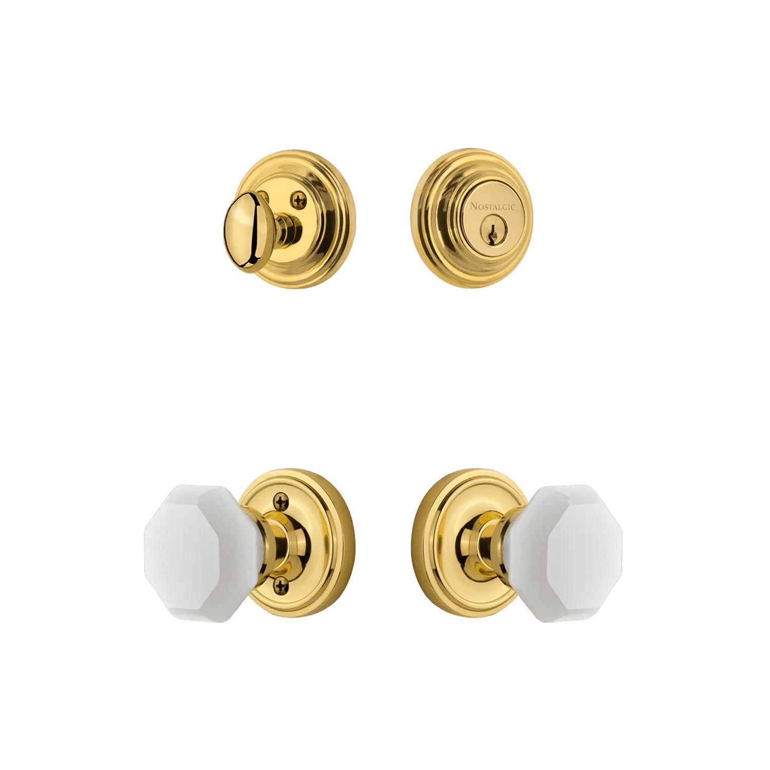 Classic Rosette Entry Set with White Waldorf Crystal Knob in Polished Brass