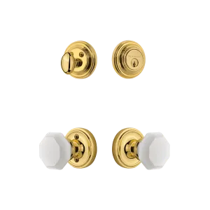 Classic Rosette Entry Set with White Waldorf Crystal Knob in Polished Brass