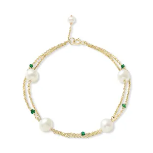 Credo fine double chain bracelet with cultured freshwater pearls & emerald