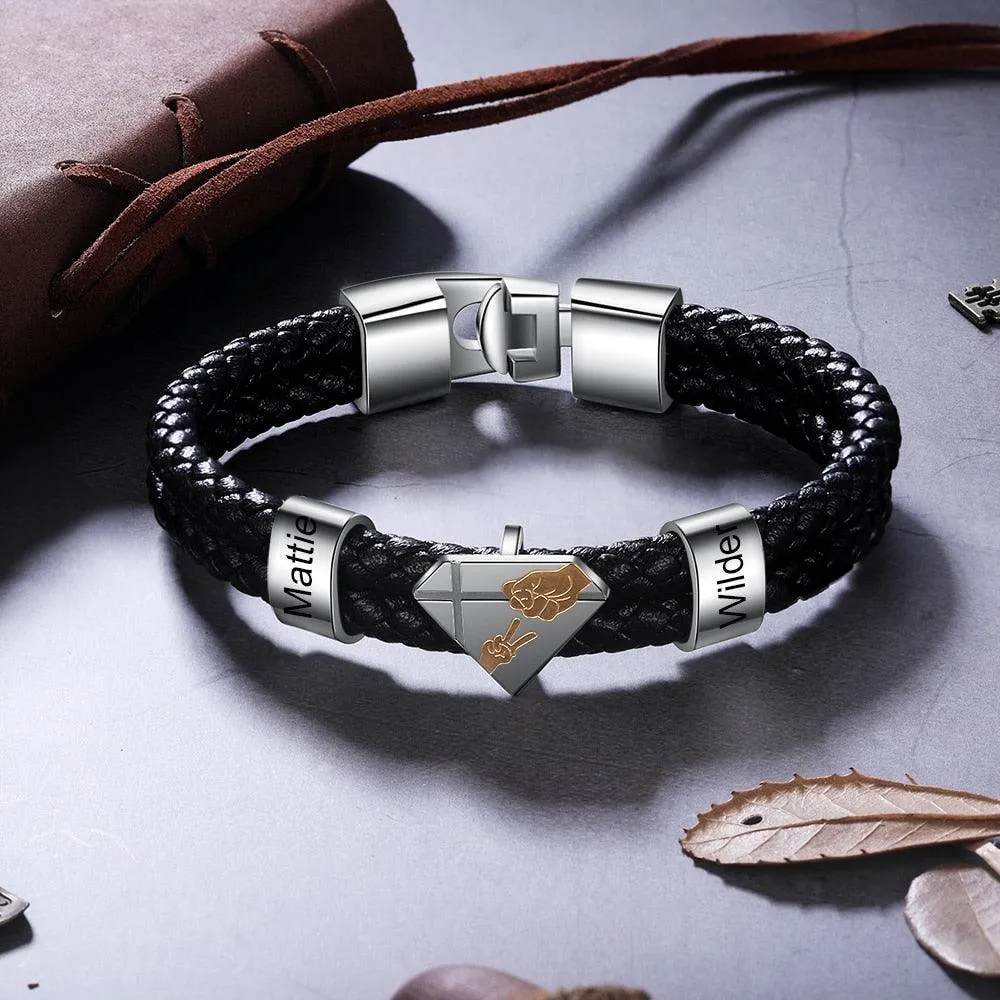 Customized Braided Leather Bracelet Personalized Father Kids Name Engraved Black Leather Bracelet