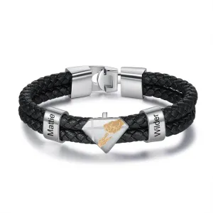 Customized Braided Leather Bracelet Personalized Father Kids Name Engraved Black Leather Bracelet